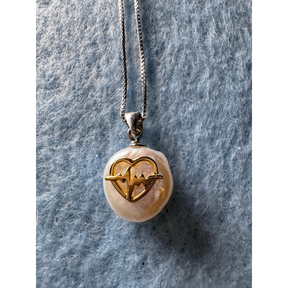 Natural Pearl with gold Heartbeat on Sterling Silver Chain